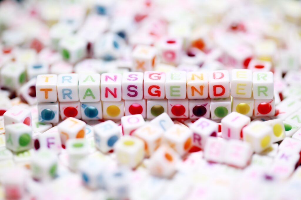 Letter dice beads spelling "transgender"