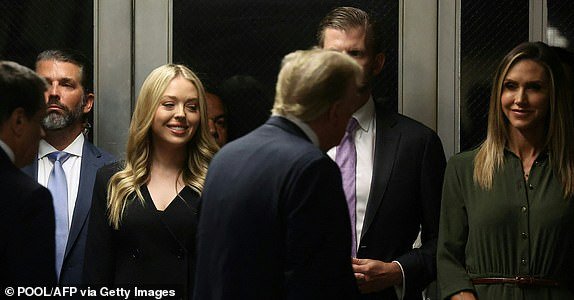 (L to R) Donald Trump Jr., Tiffany Trump, Eric Trump, and Lara Trump look on as former US President and Republican presidential candidate Donald Trump arrives at his criminal trial for allegedly covering up hush money payments at Manhattan Criminal Court in New York City, on May 28, 2024. Donald Trump arrived Tuesday for closing arguments in his New York hush money trial ahead of the jury deciding whether to make him the first criminally convicted former president and current White House hopeful in history. (Photo by Spencer Platt / POOL / AFP) (Photo by SPENCER PLATT/POOL/AFP via Getty Images)