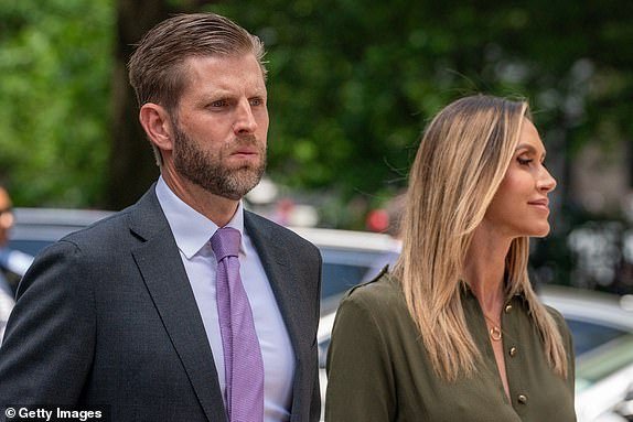 NEW YORK, NEW YORK - MAY 28: Eric and Lara Trump arrive to speak at a press conference outside of Manhattan Criminal Court in defense of former U.S. President Donald Trump on May 28, 2024 in New York City. Closing arguments begin in former U.S. President Trump's hush money trial. The former president faces 34 felony counts of falsifying business records in the first of his criminal cases to go to trial.(Photo by David Dee Delgado/Getty Images)