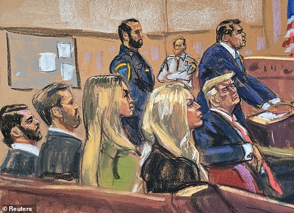 Former U.S. President Donald Trump's children, Tiffany Trump, Donald Trump Jr and Eric Trump with his wife Lara sit next  to Trump in a front row,  as defense lawyer Todd Blanche presents closing arguments during Trump's criminal trial on charges that he falsified business records to conceal money paid to silence porn star Stormy Daniels in 2016, in Manhattan state court in New York City, U.S. May 28, 2024 in this courtroom sketch. REUTERS/Jane Rosenberg