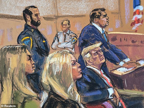 Tiffany Trump and Eric Trump's wife Lara sit in a front row, next former U.S. President Donald Trump as defense lawyer Todd Blanche presents closing arguments during Trump's criminal trial on charges that he falsified business records to conceal money paid to silence porn star Stormy Daniels in 2016, in Manhattan state court in New York City, U.S. May 28, 2024 in this courtroom sketch. REUTERS/Jane Rosenberg