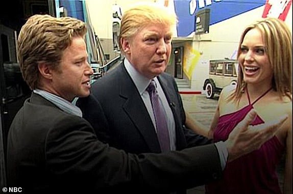 *** GRABS FROM NBC***Trump was caught in a scandal during the 2016 campaign with the revelation of a tape from 'Access Hollywood' featuring him talking to host Billy Bush, pictured with actress Arianne Zucker.During October of the 2016 campaign, The Washington Post reported on a conversation between Trump and 'Access Hollywood' host Billy Bush that featured the then-presidential candidate speaking lewdly about women in an interview taped on the 'Days of Our Lives' set in 2005.Trump, referring to actress Arianne Zucker - whom he and Bush were waiting to meet - says: 