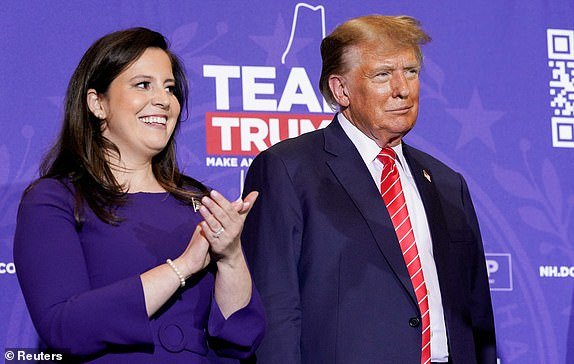 Former U.S. President and Republican presidential candidate Donald Trump and U.S. Representative Elise Stefanik (R-NY) attend a rally ahead of the New Hampshire primary election in Concord, New Hampshire, U.S. January 19, 2024. REUTERS/Elizabeth Frantz