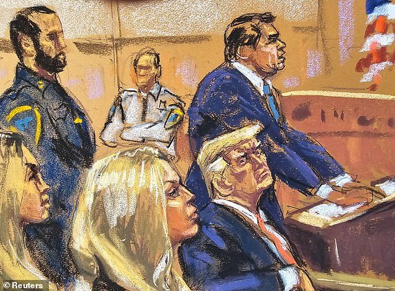 Tiffany Trump and Eric Trump's wife Lara sit in a front row, next former U.S. President Donald Trump as defense lawyer Todd Blanche presents closing arguments during Trump's criminal trial on charges that he falsified business records to conceal money paid to silence porn star Stormy Daniels in 2016, in Manhattan state court in New York City, U.S. May 28, 2024 in this courtroom sketch. REUTERS/Jane Rosenberg