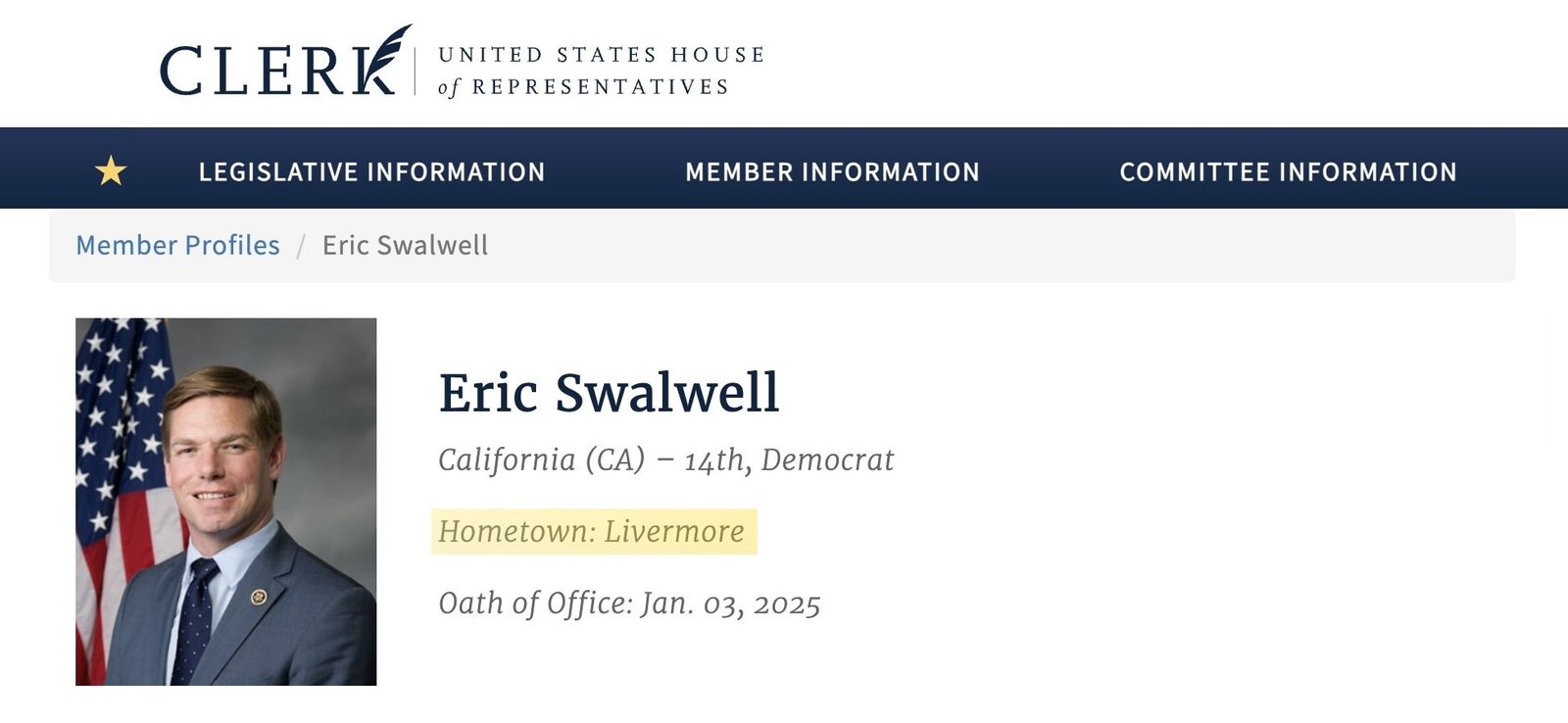 Profile of Eric Swalwell, Democratic representative from California's 14th district, highlighting his hometown of Livermore and oath of office date.