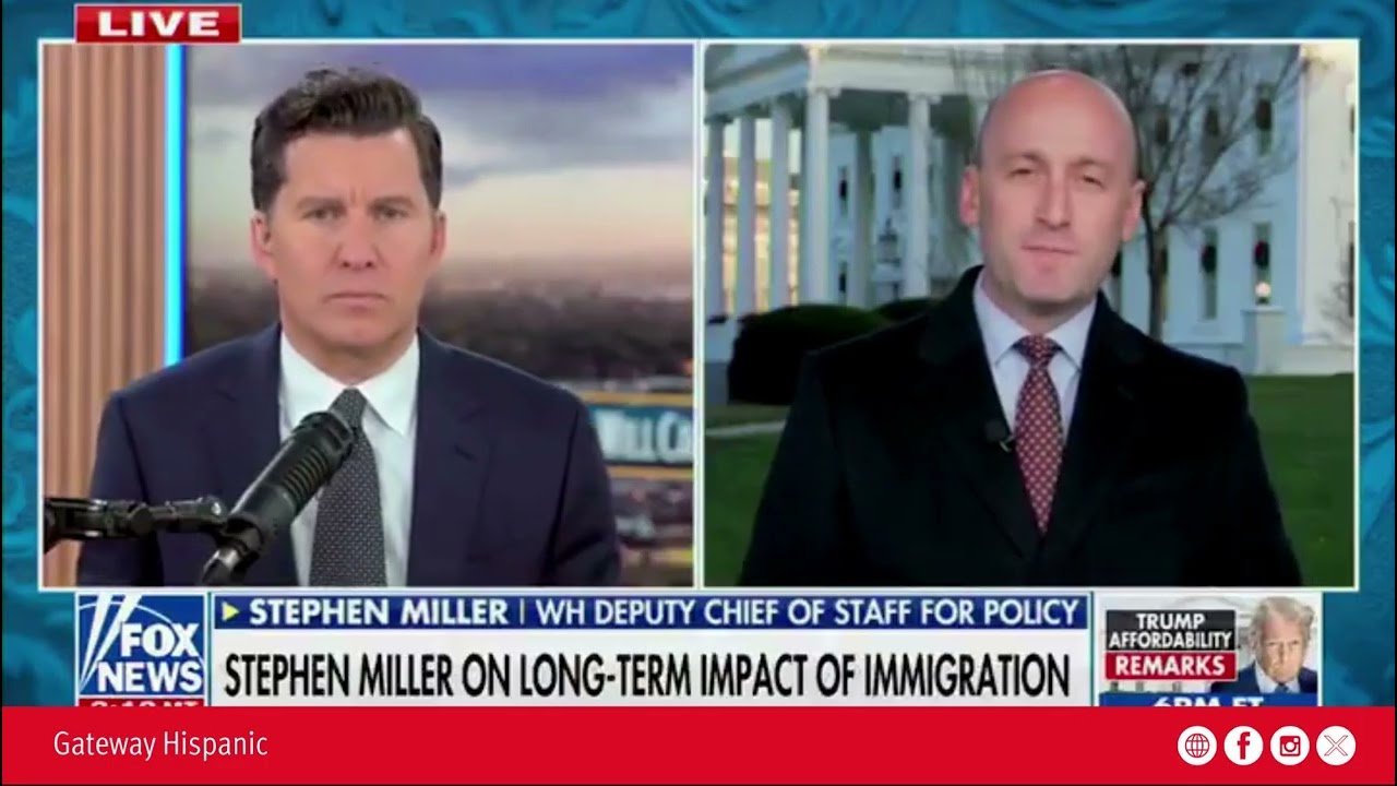 Live broadcast featuring Stephen Miller discussing the long-term impact of immigration, alongside a news anchor, with the White House in the background.