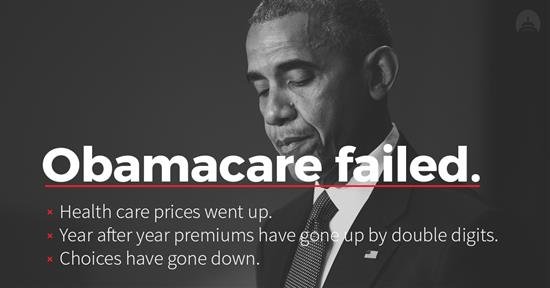 Image highlighting criticisms of Obamacare, featuring a solemn figure, with text outlining rising healthcare prices, increasing premiums, and reduced choices for consumers.