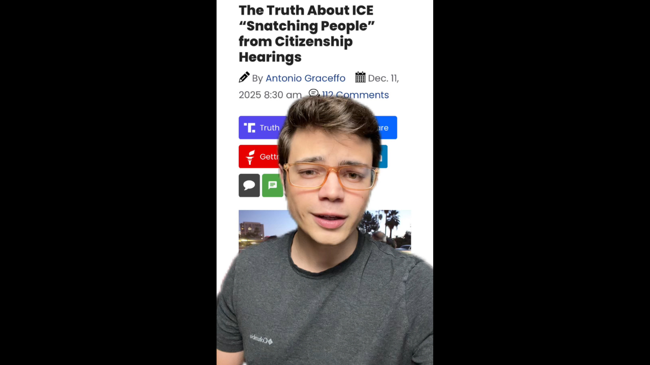 Person discussing ICE and citizenship hearings with a city backdrop, featuring text about the topic on the screen.