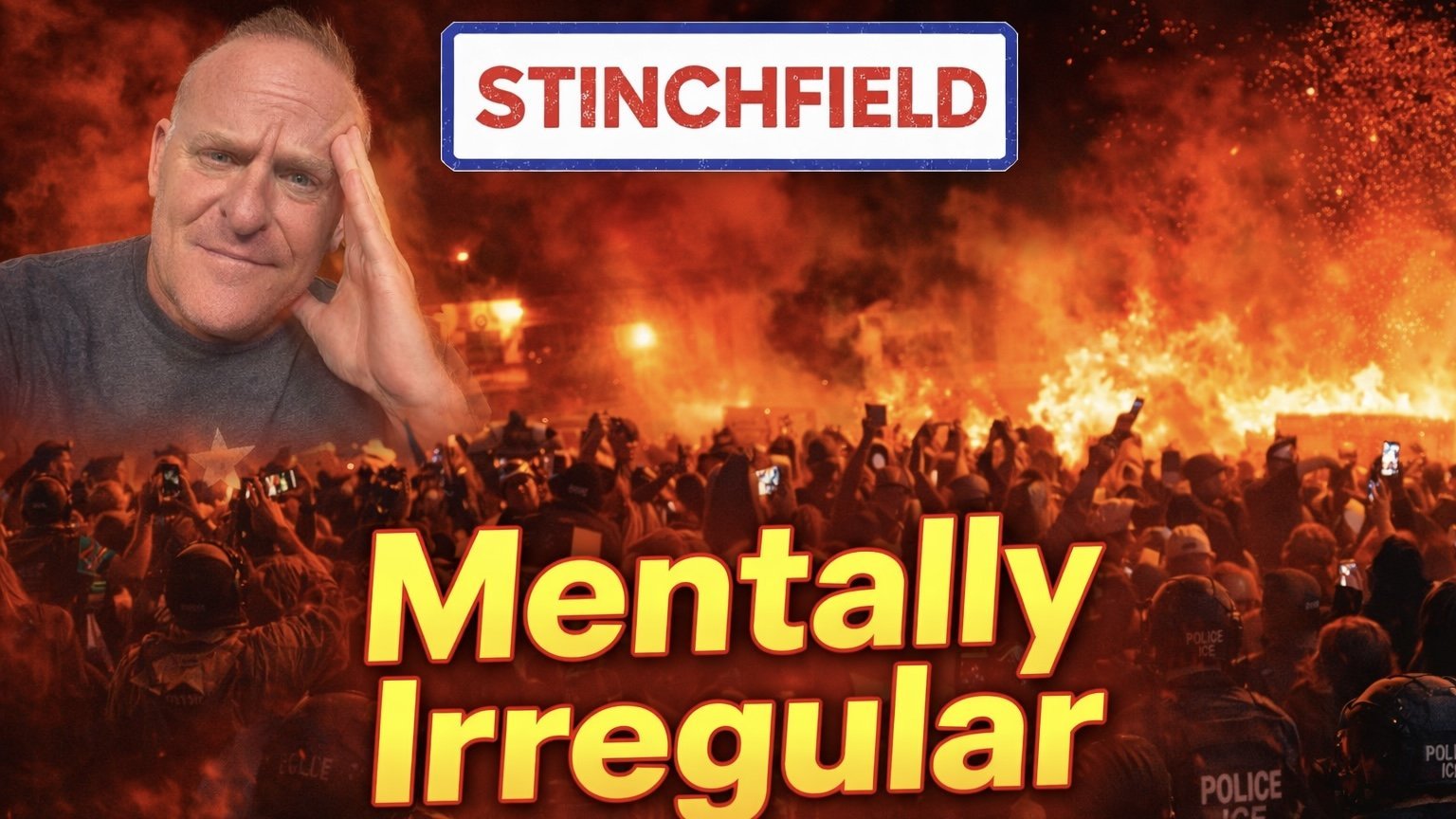 Image of a man with a concerned expression in front of a fiery crowd scene, highlighting themes of unrest and mental health awareness in the context of societal issues.