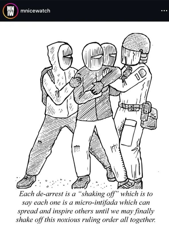 Illustration depicting a group of masked individuals engaged in a de-arrest, symbolizing resistance against authority and the idea of collective empowerment.