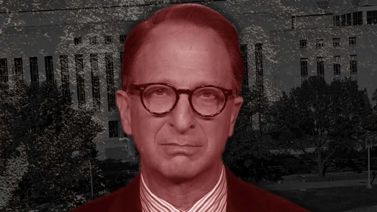 Close-up of a serious man with glasses, set against a darkened background featuring a government building and trees.