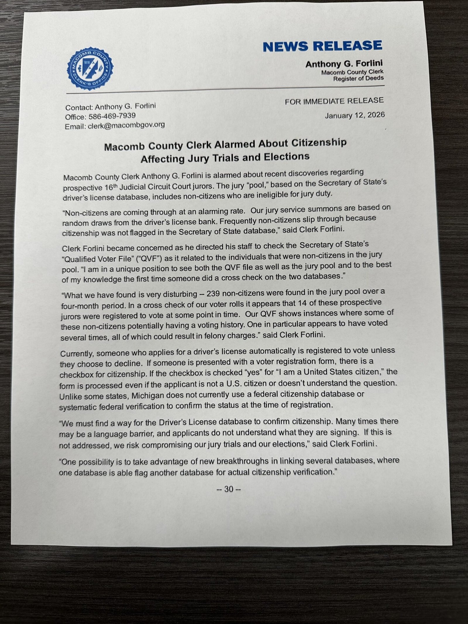 News release discussing Macomb County Clerk Anthony G. Forlini's concerns about non-citizens being included in jury pools and voter registration issues.