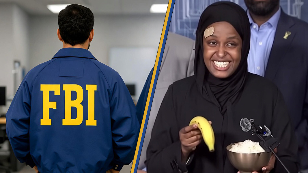 FBI agent in a blue jacket stands in the background while a smiling woman holds a banana and a bowl of rice at a press event.