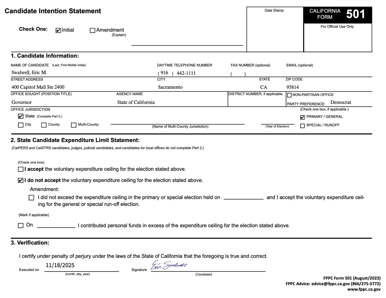 California Candidate Intention Statement form for Eric M. Swalwell, indicating his intention to run for Governor and details on expenditure limits.