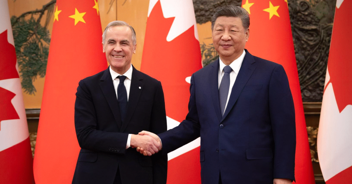 Mark Carney and Xi Jinping shake hands in front of Canadian and Chinese flags, symbolizing diplomatic relations between Canada and China.