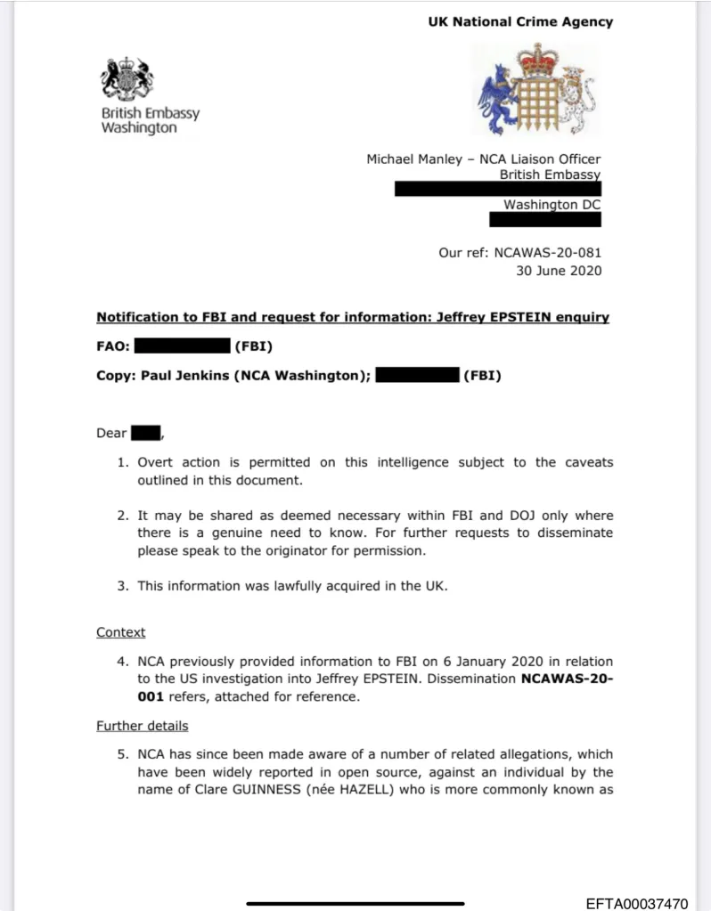 Document from the UK National Crime Agency notifying the FBI about the Jeffrey Epstein inquiry, detailing information sharing protocols and context for ongoing investigations.