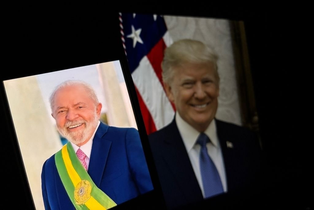 Portraits of Brazilian President Lula and former U.S. President Trump, showcasing international leadership and diplomacy.