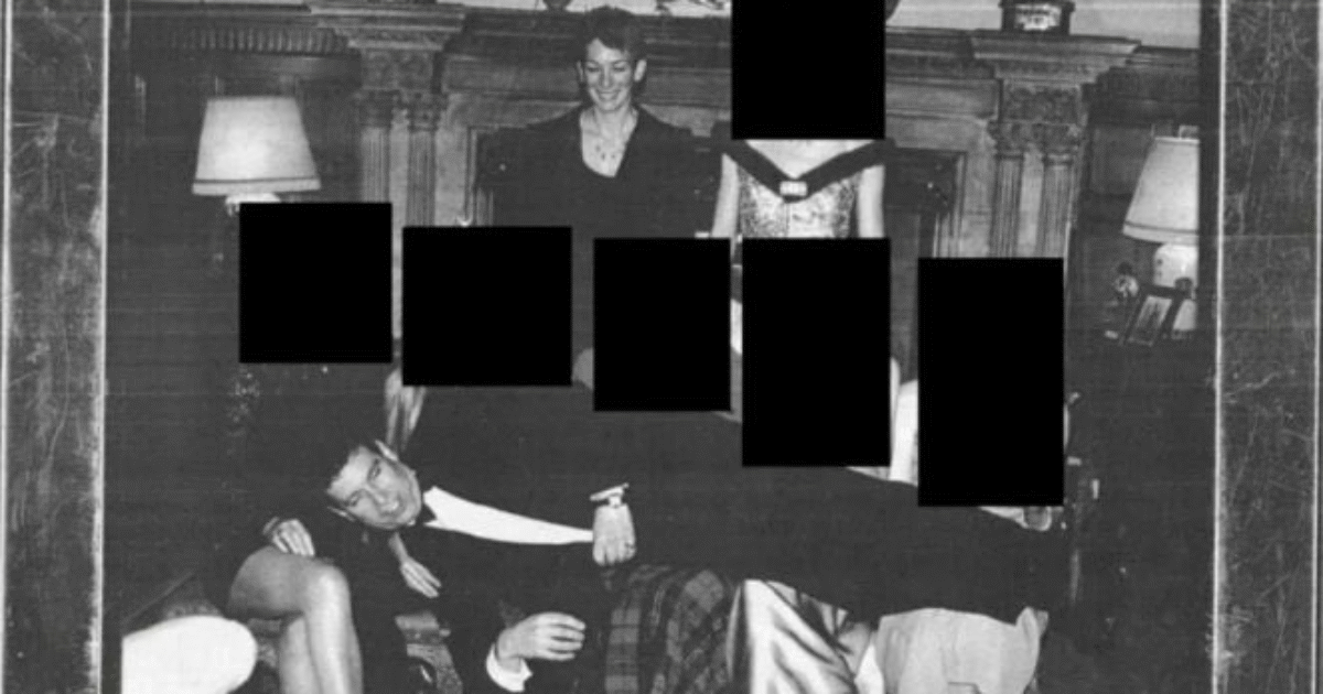 Black and white photo of a group of elegantly dressed individuals posing in a luxurious setting, with some faces obscured for privacy.