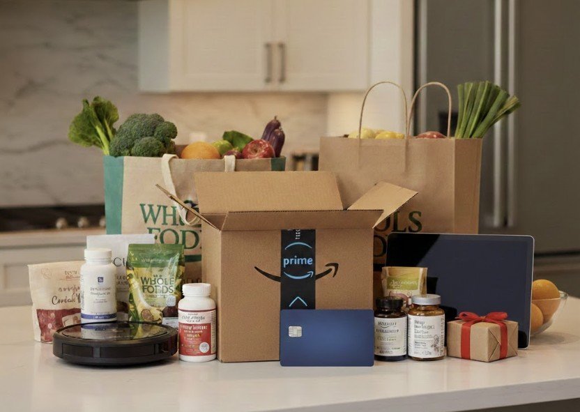 Amazon Prime delivery box surrounded by fresh groceries, health supplements, and kitchen items on a modern kitchen countertop.