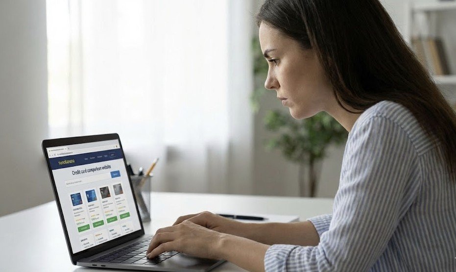 Woman using a laptop to compare credit card options on a financial website in a bright, modern workspace.