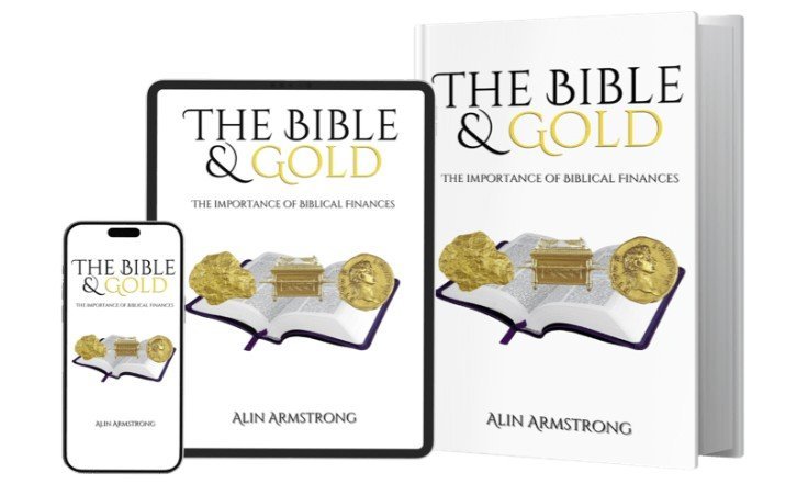 Book cover design featuring "The Bible & Gold: The Importance of Biblical Finances" by Alin Armstrong, displayed on a smartphone, tablet, and hardcover.