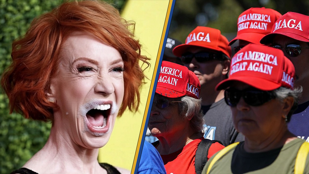 A split image featuring a laughing woman with red hair and a crowd wearing "Make America Great Again" hats.