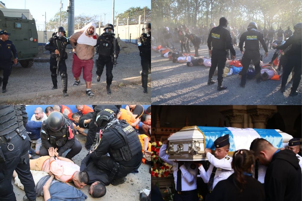 Police apprehending suspects and managing a crime scene, with images depicting arrests, detentions, and a funeral procession, highlighting law enforcement activities.