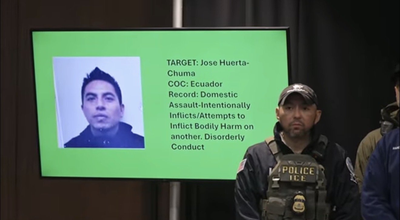 Image displays a police briefing highlighting wanted individual Jose Huerta-Chuma from Ecuador, with details of his criminal record for domestic assault and disorderly conduct.