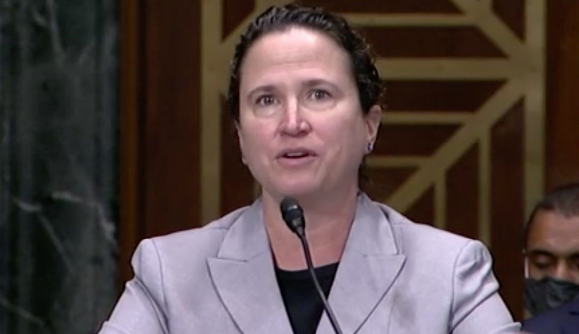 Woman in a gray blazer speaking at a Senate hearing, addressing key issues with a microphone in front of her and an attentive audience behind.