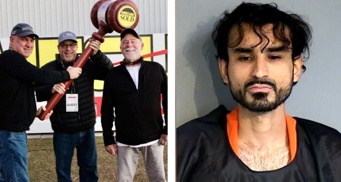 Three men pose with a gavel at an event, while a mugshot of a man in an orange jumpsuit appears on the right.