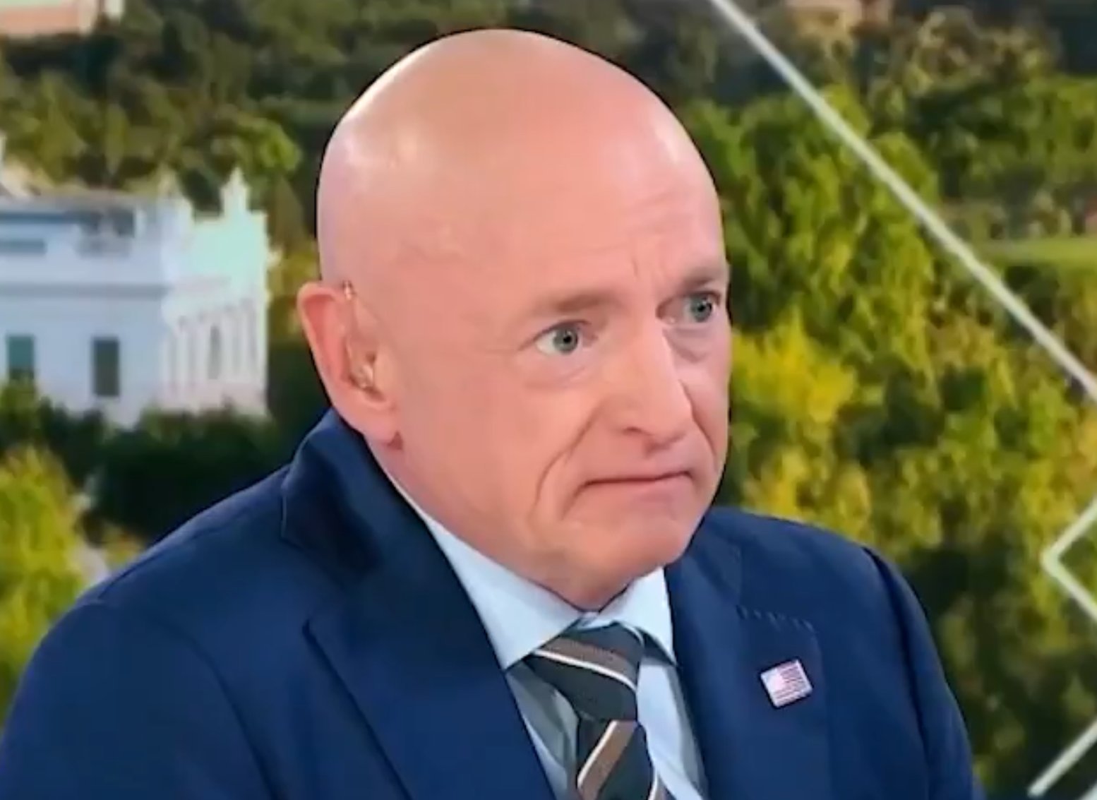 Man with a bald head and blue suit appears concerned during a televised discussion, with greenery in the background.
