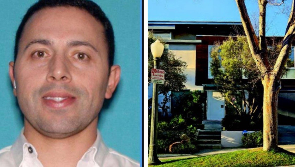 Image of a man alongside a modern house, showcasing a close-up of the individual and an exterior view of the contemporary residence with landscaping.