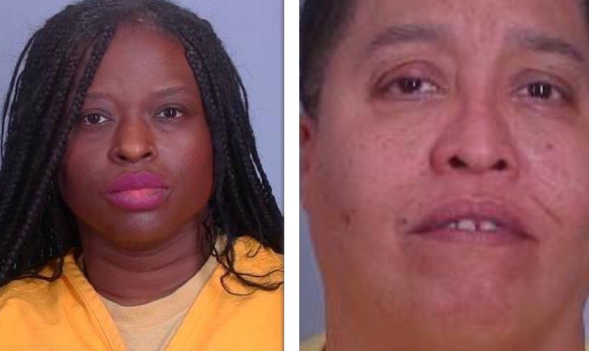 Two mugshots of individuals wearing yellow prison uniforms, showcasing serious expressions against a plain background.