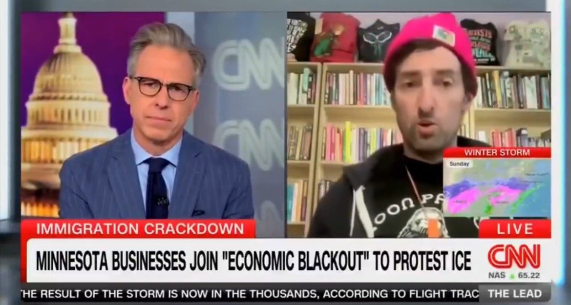 CNN segment discussing Minnesota businesses participating in an economic blackout to protest ICE, featuring two speakers and a weather update.