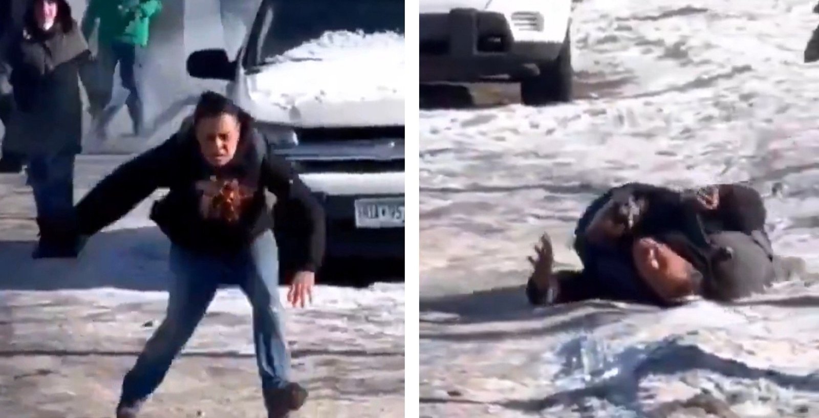Person slipping on icy surface while others watch in snowy environment, capturing a moment of unexpected humor and winter challenges.