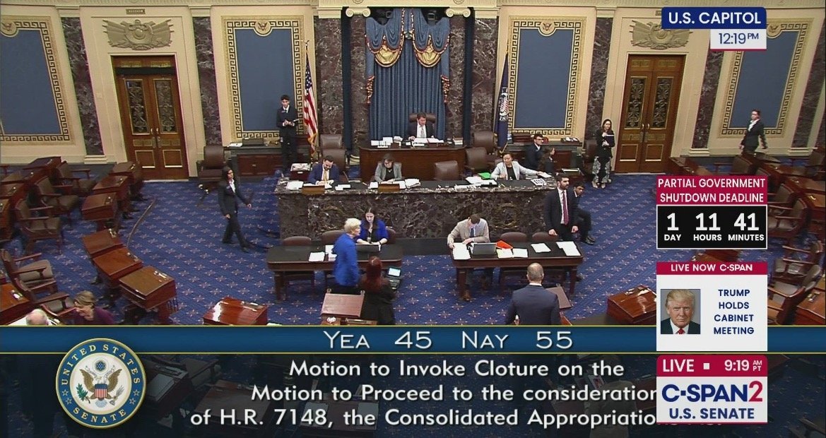 U.S. Senate session in progress with senators debating the motion to invoke cloture on H.R. 7148, highlighting a critical government funding deadline.