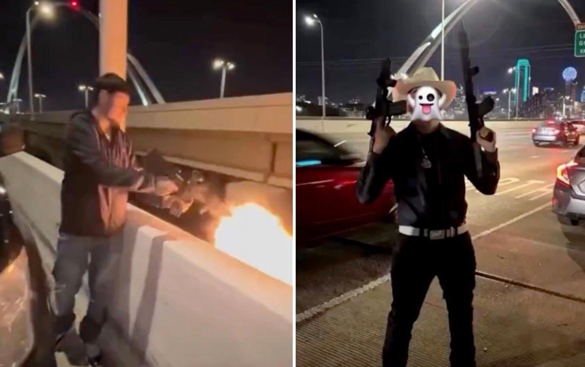 Two individuals are seen on a highway at night, one firing a gun and the other holding two firearms while wearing a mask.