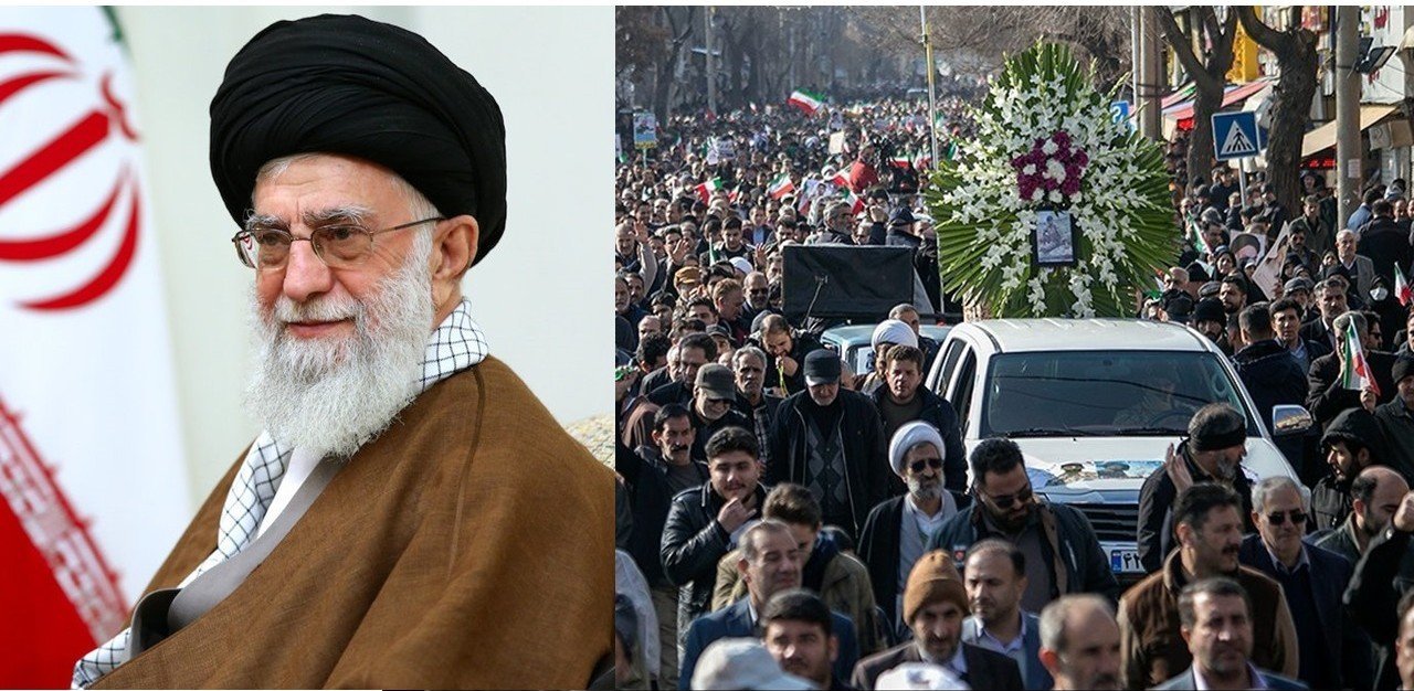 Image depicting a religious leader smiling alongside a large crowd in a procession, highlighting a significant event in Iran with floral tributes and national flags.