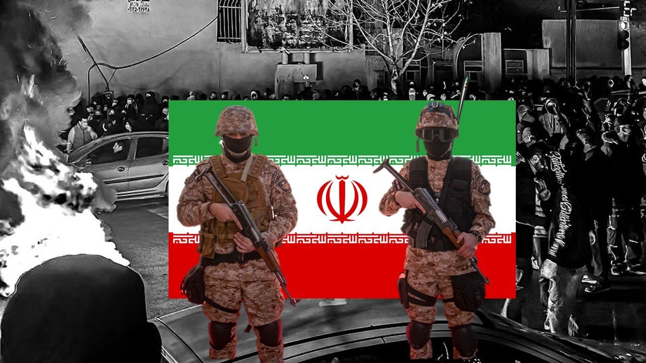 Iranian soldiers stand in front of a crowd and a burning vehicle, with the Iranian flag prominently displayed in the background, symbolizing unrest and conflict.