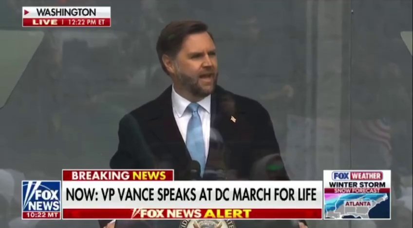 VP Vance delivers a speech at the DC March for Life, addressing the crowd while news coverage features live updates and weather alerts.