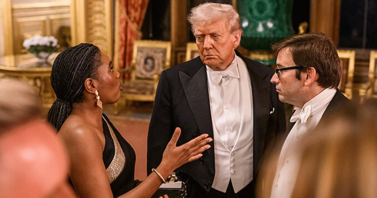 Donald Trump engaged in conversation with two individuals at a formal event, showcasing a tense atmosphere in an opulent setting.