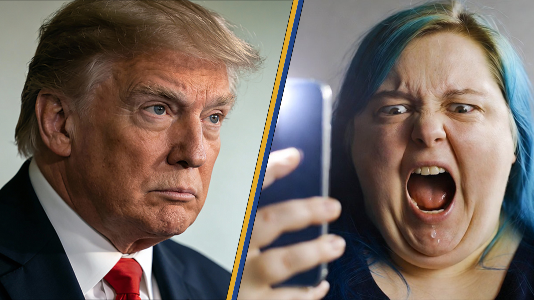 Split image showing a serious man and an angry woman reacting to a smartphone, illustrating contrasting emotions in response to digital content.