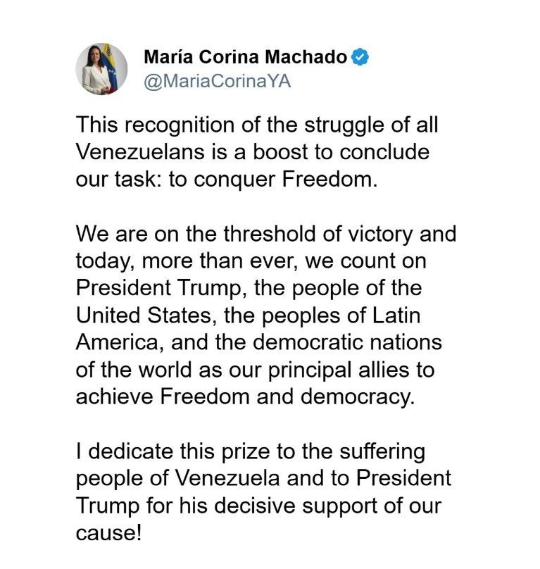 Maria Corina Machado emphasizes the struggle for Venezuelan freedom and the importance of international support in her statement.