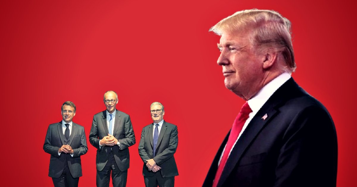 Donald Trump stands in profile beside three men against a vibrant red background, highlighting a political or business context.