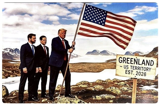 Donald Trump holds the American flag while standing with two men near a sign reading "Greenland - US Territory Est. 2026" in a mountainous landscape.