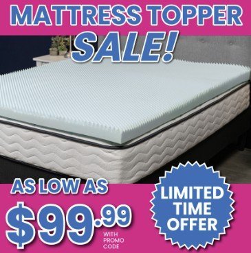 Mattress topper sale featuring a textured foam topper on a bed, starting at $99.99 with a limited time promo code offer.