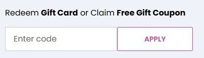 Input field for redeeming gift card or free gift coupon with an "Apply" button.