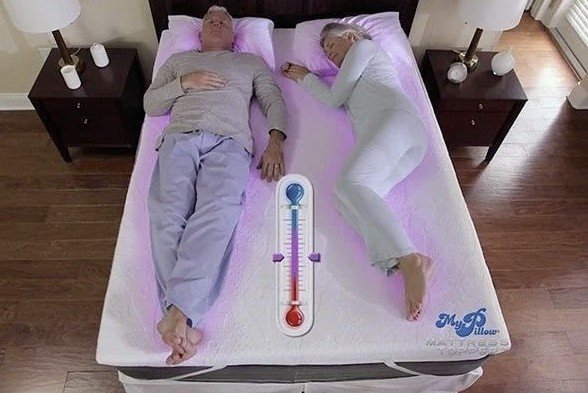 Couple sleeping on a temperature-controlled mattress with a thermometer indicator showing personalized comfort levels for optimal sleep.
