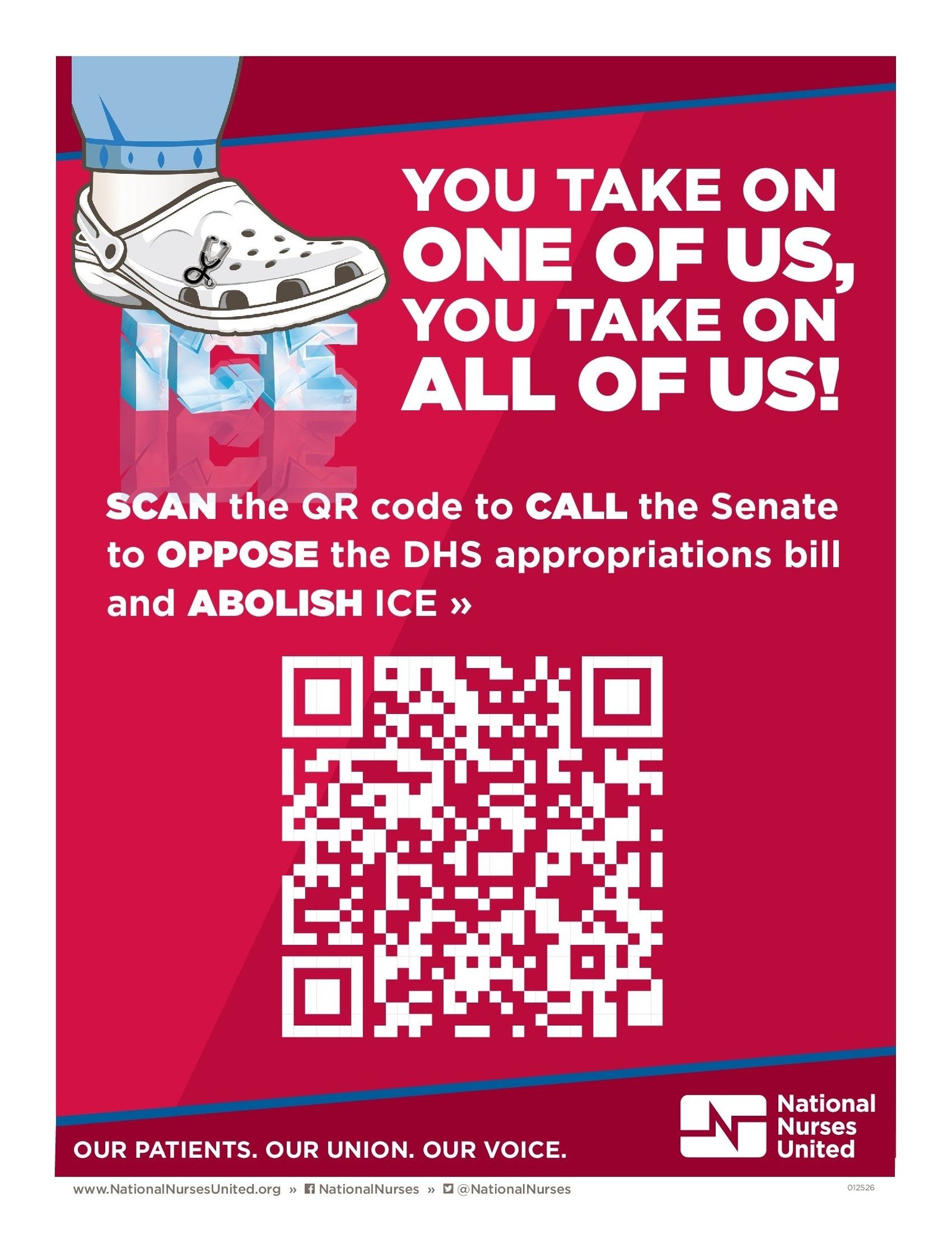 Graphic promoting a call to action against the DHS appropriations bill and ICE, featuring a QR code for easy access to contact the Senate.