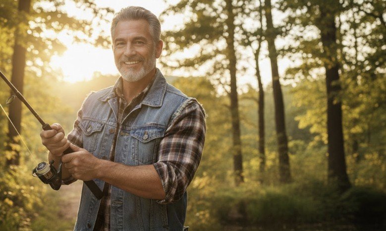 Smiling older man fishing in a sunlit forest, wearing a denim vest and plaid shirt, enjoying a peaceful outdoor experience.